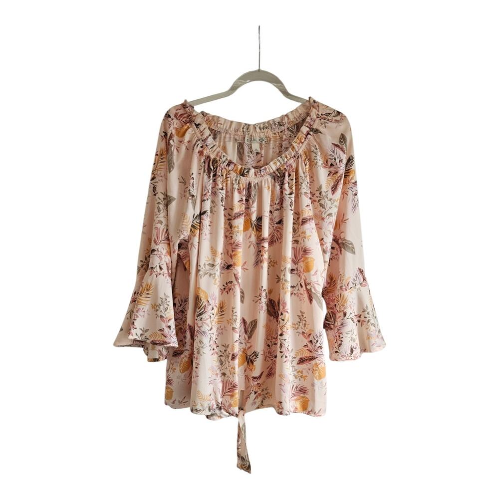 Emaline Womens 2X Blouse Pink Floral On/Off Shoulder Bell Sleeves Front Tie Hem